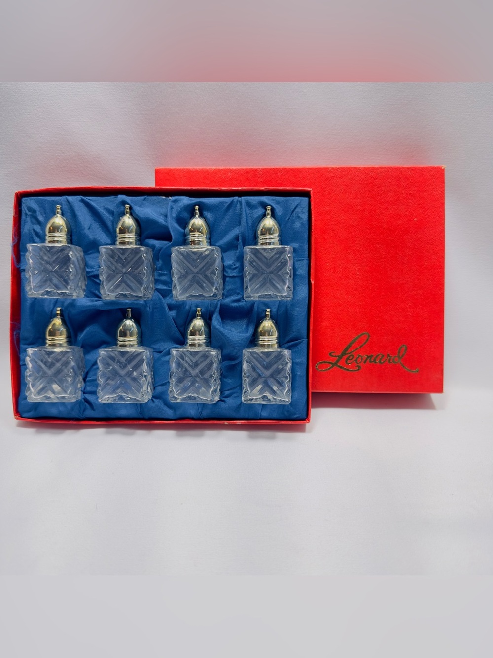 Salt & Pepper Shakers Vintage Miniature Leonard Crystal Clear Glass Lot of 8